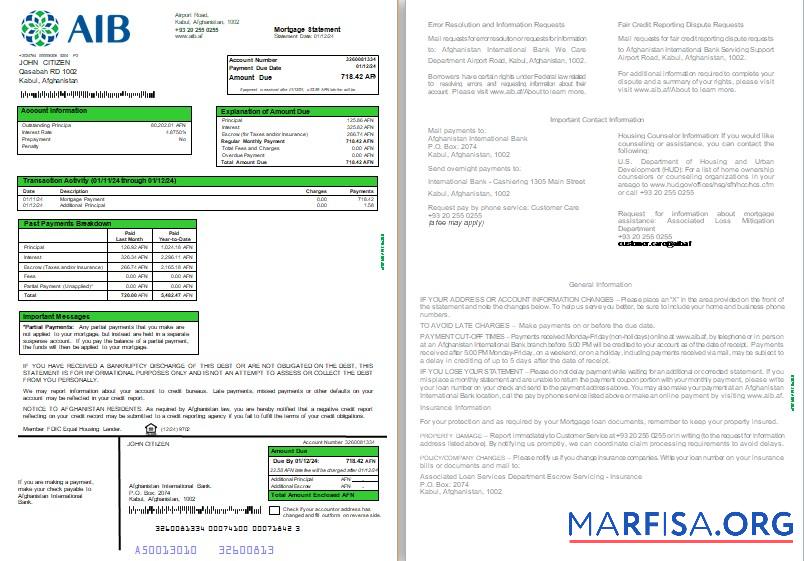 Downloadable Afghanistan International Bank (AIB) mortgage statement, 3 pages 1 2 scr example